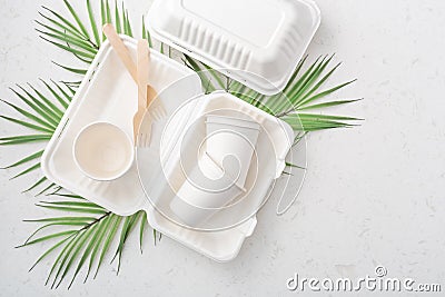 Eco friendly food packaging on white quartz background Stock Photo