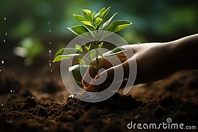 Eco friendly gesture hands holding and caring for a young plant Stock Photo