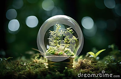 Eco Friendly globus lamp on the ground with green, in the style of global imagery Stock Photo