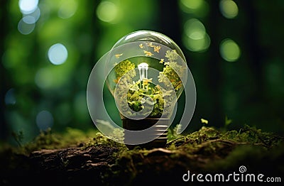 Eco Friendly globus lamp on the ground with green, in the style of global imagery Stock Photo