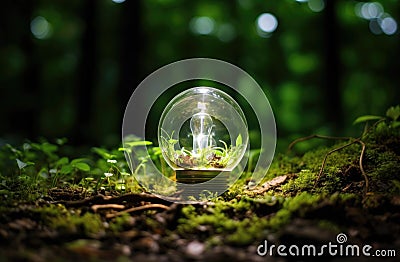 Eco Friendly globus lamp on the ground with green, in the style of global imagery Stock Photo