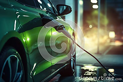 An eco-friendly green car is being charged by an electric charger, demonstrating the benefits of sustainable transportation, Power Stock Photo