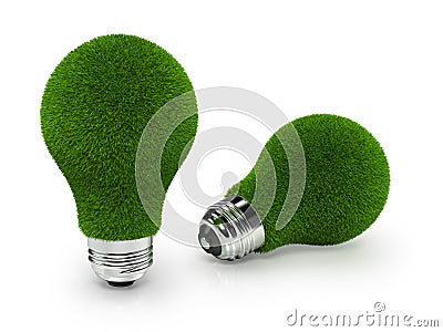 Eco-Friendly Green Grass Light Bulbs on white back Stock Photo