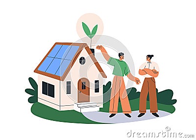 Eco-friendly green home. Smart future building, house with sustainable renewable energy, solar panels. Real estate and Vector Illustration