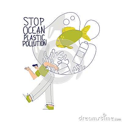 Eco Friendly with Happy Man Character Stop Ocean Plastic Pollution Vector Illustration Vector Illustration