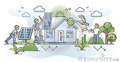 Eco friendly home transition and solar panels electrification outline concept Vector Illustration