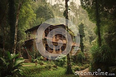 eco-friendly hotel, surrounded by lush greenery and natural surroundings Stock Photo