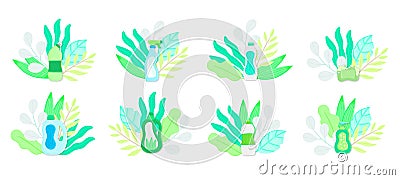 Eco friendly household cleaning supplies in leaves. Natural detergents. Products for house washing Vector Illustration