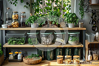 Eco-friendly household setup with a focus on recycling, composting, organic gardening, and using sustainable Stock Photo