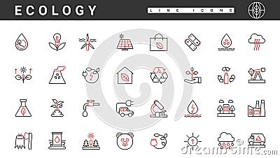 Eco friendly industry, green alternative technology thin red and black line icons set Cartoon Illustration