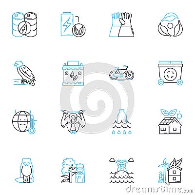 Eco-friendly items linear icons set. Sustainable, Renewable, Biodegradable, Organic, Recyclable, Compostable, Eco Vector Illustration
