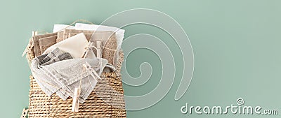 Eco-friendly laundry and housekeeping concept pastel blue background banner Stock Photo