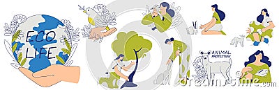 Eco Friendly Life with Woman Character Protect Animal Care of Planet Vector Set Vector Illustration