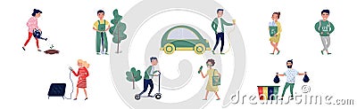 Eco-friendly Lifestyle with People Characters Save Planet and Earth Vector Set Vector Illustration