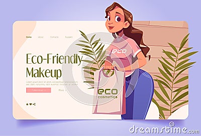 Eco-friendly makeup banner with girl seller Vector Illustration