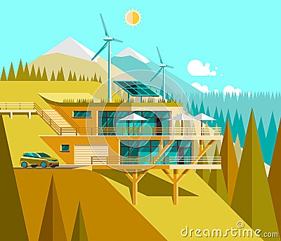 Eco friendly modern house. Green architecture. Solar panel, wind turbine, green roof. Vector Illustration