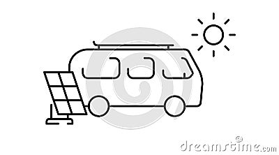 Eco-friendly motorhome vector outline icon. Solar panel with van bus. Renewable energy camper rv. Vanlife Vector Illustration