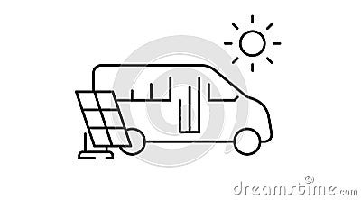 Eco-friendly motorhome vector outline icon. Solar panel with van bus. Renewable energy camper rv. Vanlife Vector Illustration