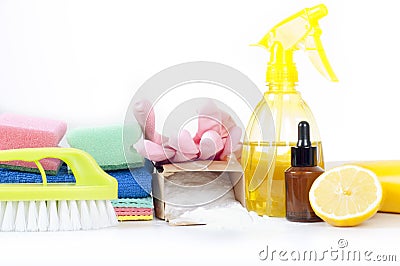 Eco-friendly natural cleaners, cleaning products. Homemade green cleaning on white background. Stock Photo