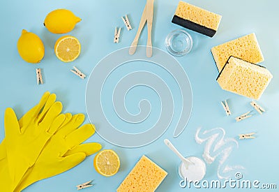 Eco-friendly natural cleaners: lemon, vinegar, baking soda, salt top view. Homemade green cleaning concept Stock Photo