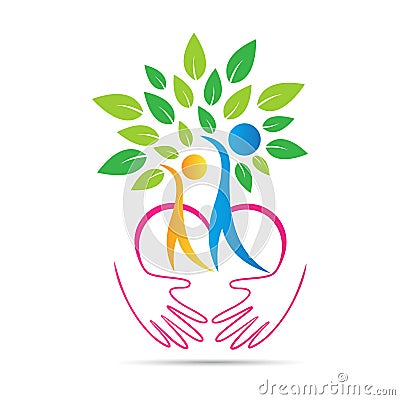 Eco friendly nature care hands love couple tree logo Vector Illustration