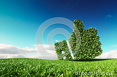 Eco friendly, no waste, zero pollution, climate control agreement concept. 3d rendering of thumbs up icon on fresh spring meadow Stock Photo