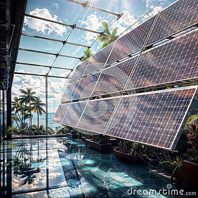 Eco-friendly oasis with a transparent swimming pool and solar panel array, generative ai Stock Photo