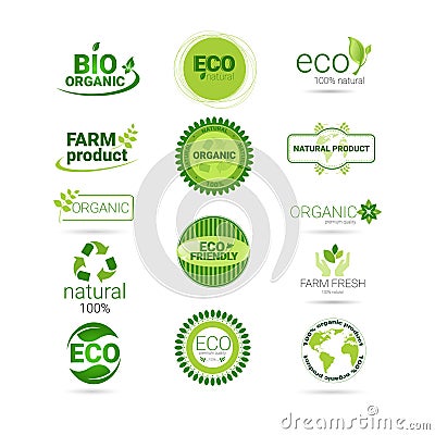 Eco Friendly Organic Natural Product Web Icon Set Green Logo Collection Vector Illustration