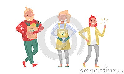 Eco Friendly People Carrying Shopping Paper Bag and Planting Seedling Vector Illustration Set Vector Illustration