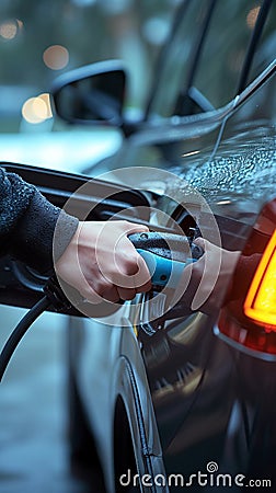 Eco friendly power hand holds electric vehicle plug for car recharge Stock Photo