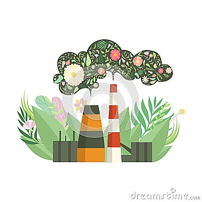 Eco Friendly Power Plant with Flowers Instead of Smoke, Environmental Protection, Ecology Concept Vector Illustration Vector Illustration