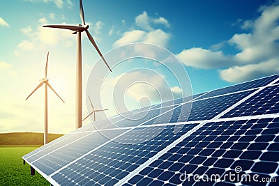 Eco-friendly power team, Solar panel and wind turbine embrace the sun Stock Photo