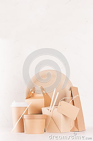 Eco friendly recycling paper packing for fast food, template for design, advertising and branding - blank bag, cup, box. Stock Photo