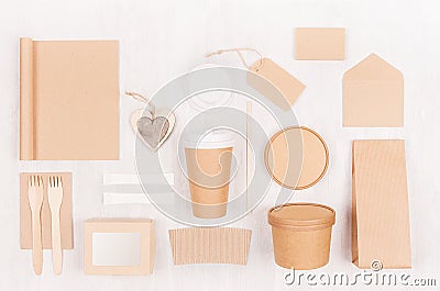 Eco friendly recycling paper packing for fast food, template for design, advertising and branding - heart, blank notebook, cup. Stock Photo