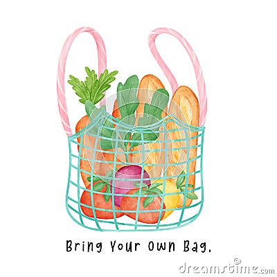 Eco-Friendly reusable shopping Bag full of fresh vegetables watercolor hand drawing illustration Vector Illustration