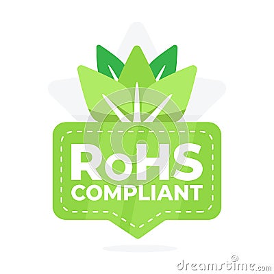 Eco Friendly RoHS Compliant Badge with Green Leaves and Checkmark Symbol Vector Illustration