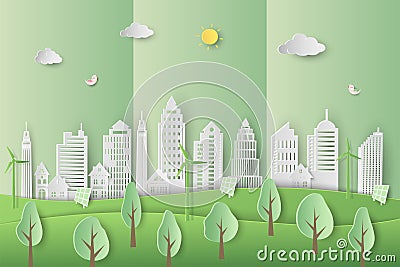 Eco friendly and save the environment conservation concept with clean city on paper art style Vector Illustration