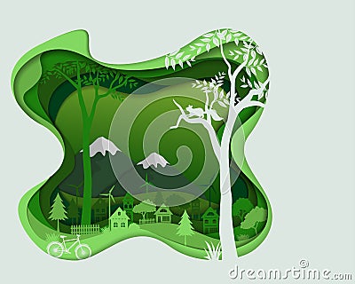 Eco friendly save the environment conservation concept,Countryside silhouette in green color landscape Vector Illustration