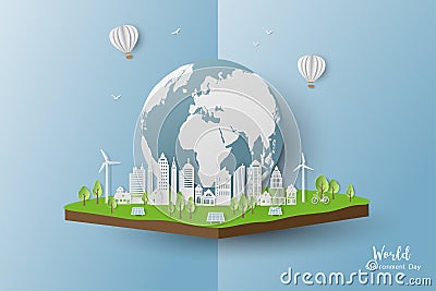 Eco friendly and save the environment conservation concept,paper art clean city on isometric background Vector Illustration