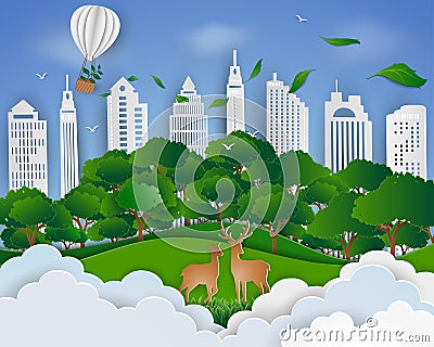 Eco friendly save the world and environment concept,Paper art landscape with deer family and urban city background Vector Illustration