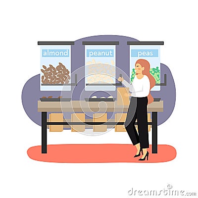 Eco friendly shop. Woman, ecologist buying peanuts, almonds and peas, flat vector illustration Vector Illustration