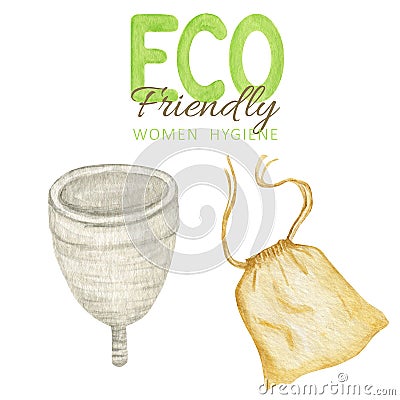 Eco-friendly silicone washable Menstrual cup with cotton bag. Zero waste supplies for personal women intimate hygiene Stock Photo