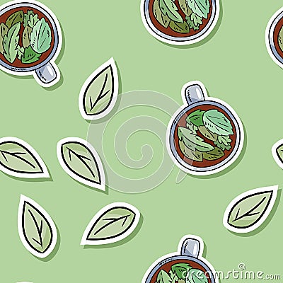 Eco friendly spa seamless pattern with herbal tea and leaves. Go green living Vector Illustration