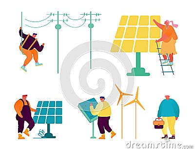 Eco-friendly and Traditional Technologies Set Isolated on White Background. People Using Equipment for Energy Producing Vector Illustration