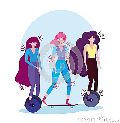 Eco friendly transport, women riding unicycle and skateboard Vector Illustration