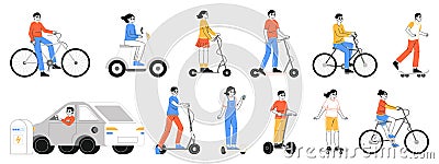 Eco friendly transportation, people riding electric vehicles. Characters ride scooter, skateboard, bike and skateboard flat vector Vector Illustration