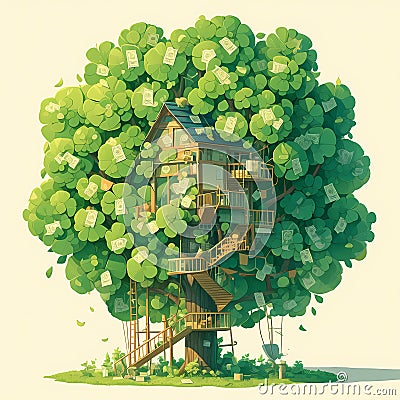 Eco-Friendly Treehouse Paradise, Perfect for Fantasy & Travel Imagery Stock Photo