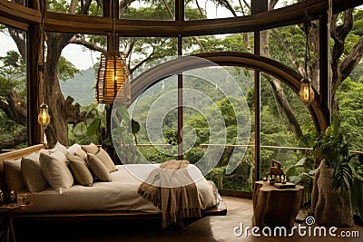 eco-friendly treehouse in a serene jungle setting Stock Photo