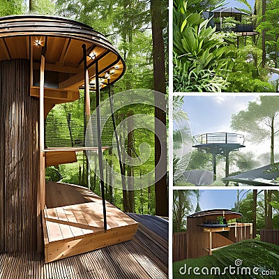 An eco-friendly treehouse with solar panels, rainwater collection system, and natural materials3, Generative AI Stock Photo