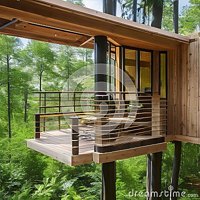 Eco-Friendly Treehouse: A sustainable treehouse surrounded by lush greenery, using natural materials like reclaimed wood and sol Stock Photo